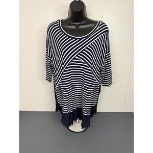 Umgee Blouse Shirt Top Women Small 3/4 Sleeve Pullover White Blue Stripe